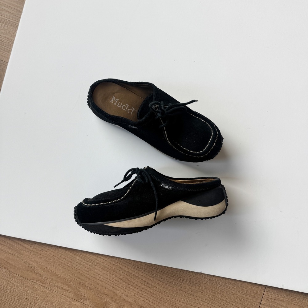 Mudd Vintage Black Suede Mules Moc Toe Lace Up Platform Shoes Womens 7.5 Y2K - Picture 4 of 11